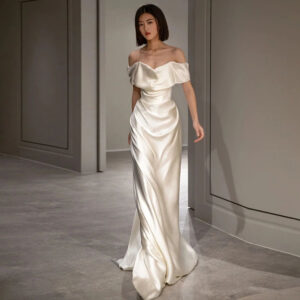 Flattering French White Off-Shoulder Wedding Dress with High Waist
