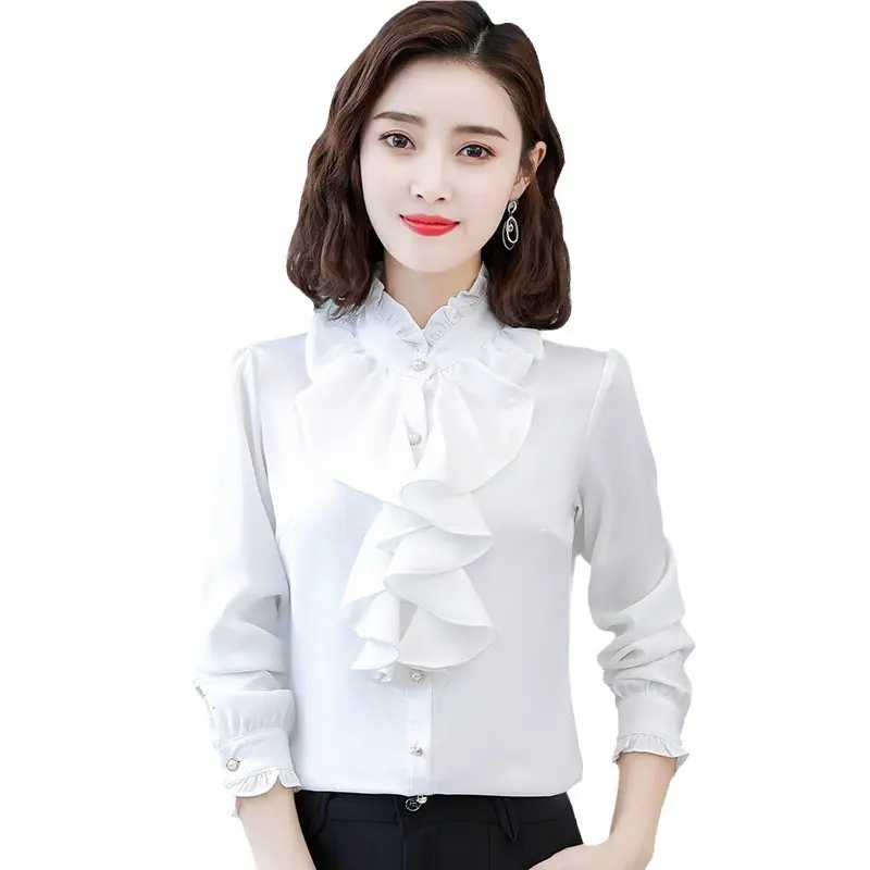 Women's New Style Long-Sleeve Shirt With Stand Collar And Ruffle Trim Top