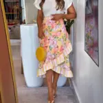 Yellow Asymmetrical Lace-Up Polyester Skirt for Women