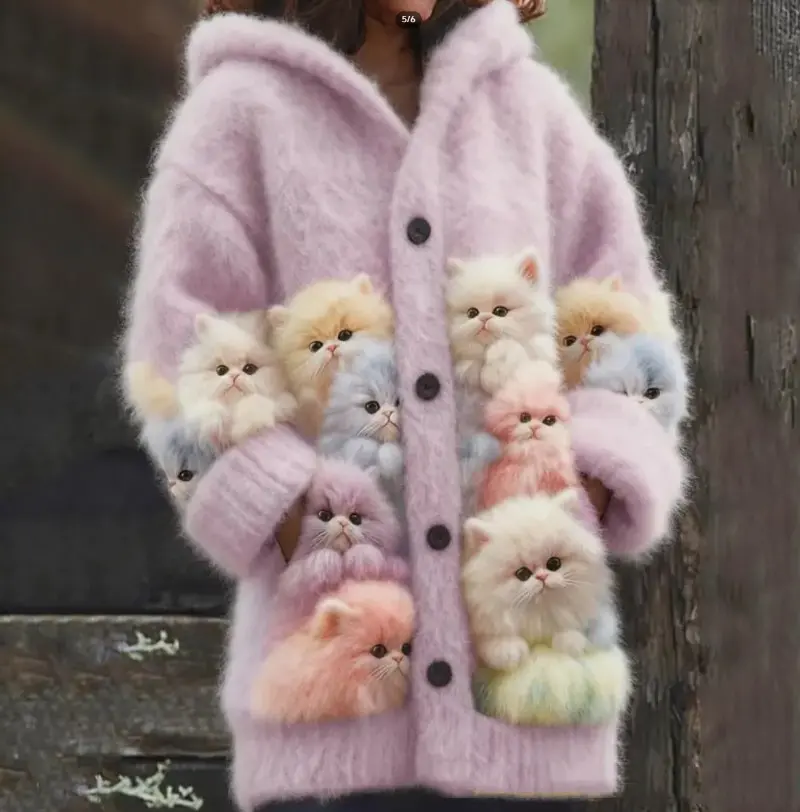 Casual 3D Printed Animal Cat Hooded Cape Jacket Cardigan