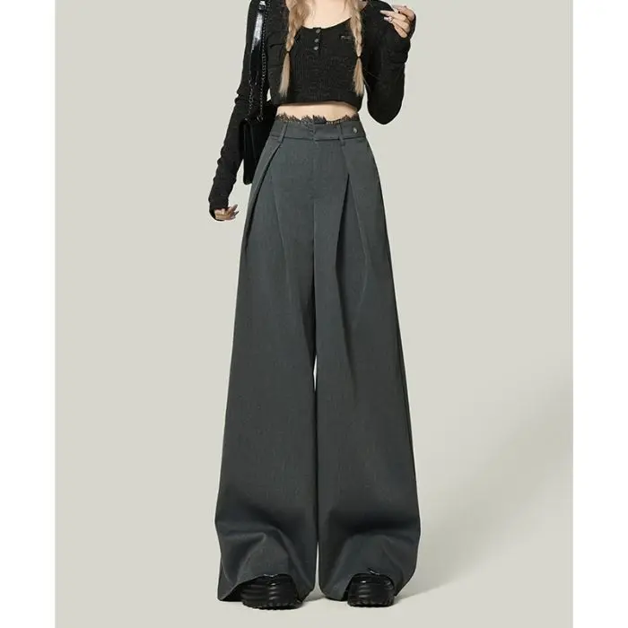 Statement Black Lace Stitch Wide-Leg Casual Pants for Women