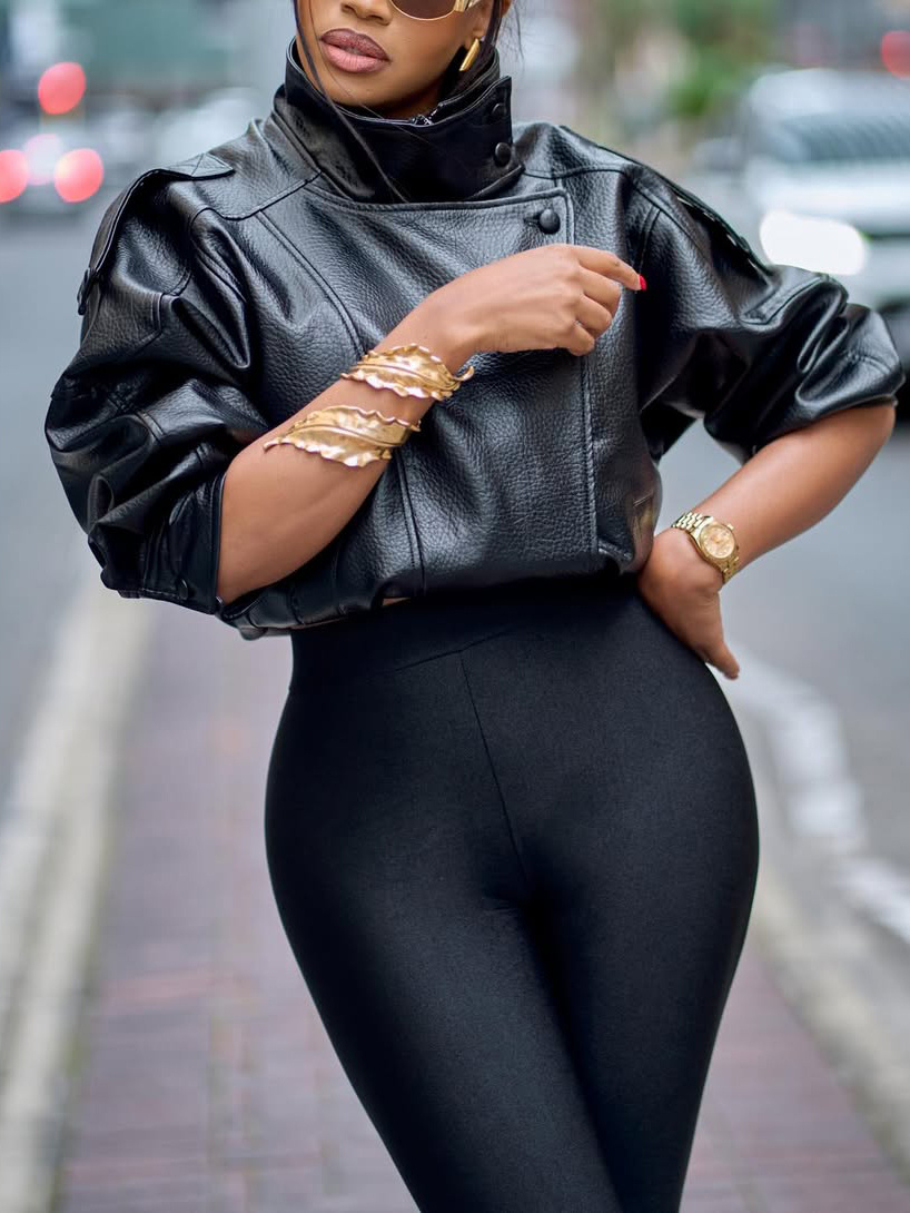 Structured Stand Collar Puff Sleeve Cropped Faux Leather Jacket Structured Stand Collar Puff Sleeve Cropped Faux Leather Jacket