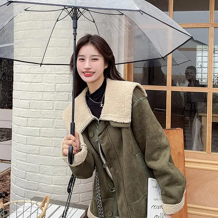 Women's Korean-style Retro Green Suede Lambswool Coat Women's Korean-style Retro Green Suede Lambswool Coat