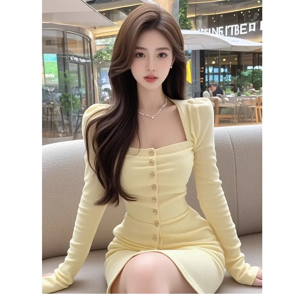Yellow Mesh Square Neck Long Sleeve Dress with Hood