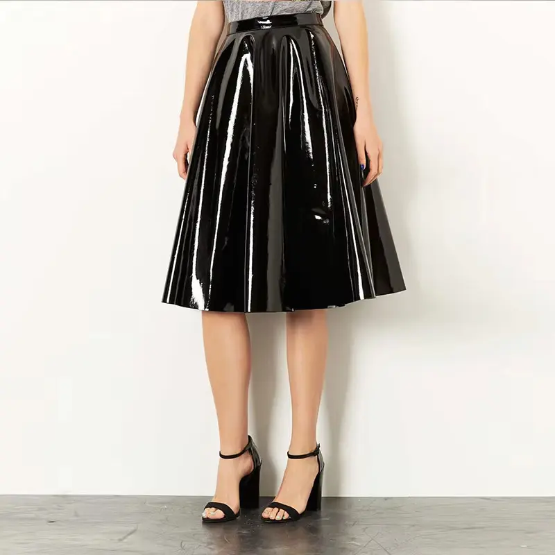 Mirror-Finish PU Leather Pleated Skirt with Stretch, Mid-Length