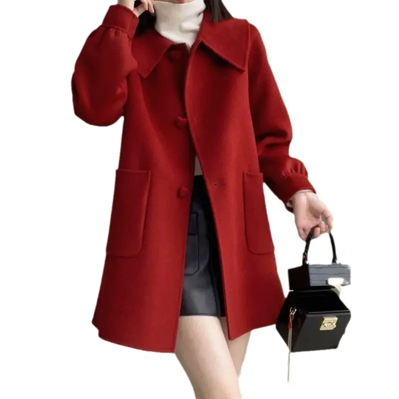Womens Geometric Wool Coat with Doll Neck Patchwork