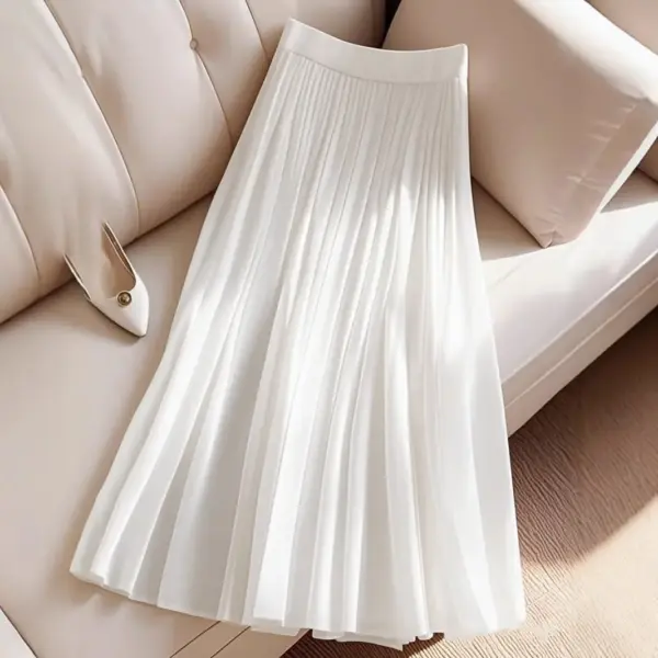 Womens High-Waisted White Pleated Fashionable Versatile Slimming Skirt