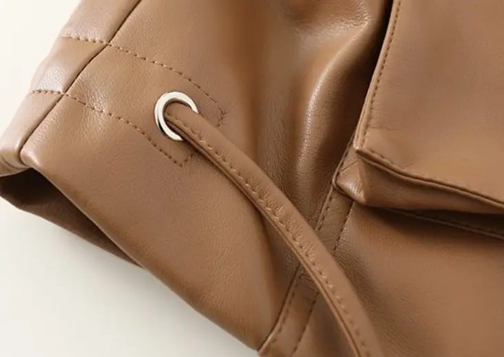 Brown Women’s Faux Leather Jacket Stand-Up Collar Brown Women’s Faux Leather Jacket Stand-Up Collar