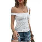 European And American-style Lace-trimmed Strap-and-button Vacation Top With Hollow-out Detailing
