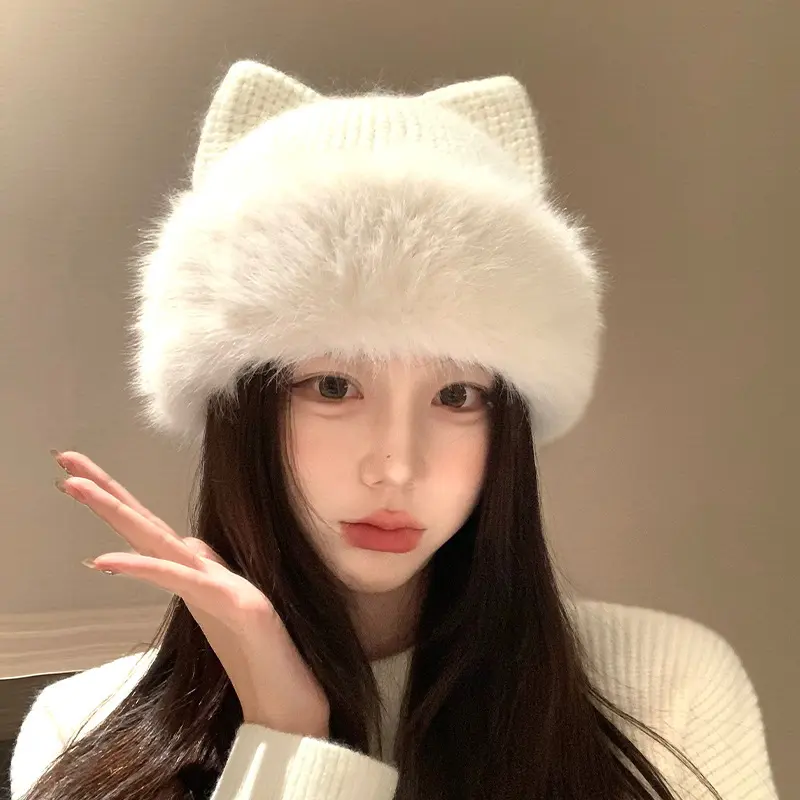 Warm Beige Cat-Ear Wool Knit Hat for Women, Winter M