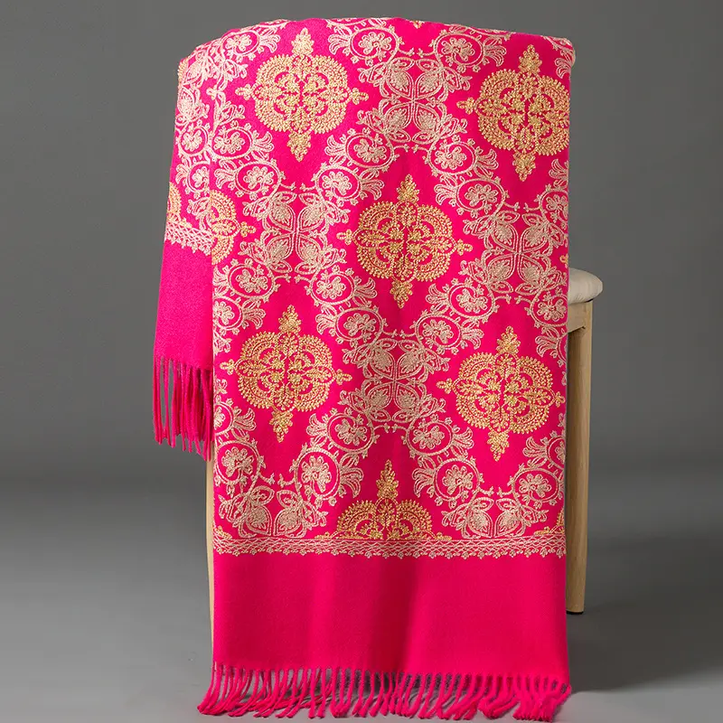 Embroidered Faux Cashmere Shawl Scarf with Tassels
