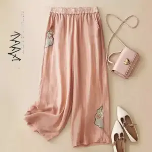 Breathable Cotton-Linen Cropped Wide-Leg Pants with Pockets