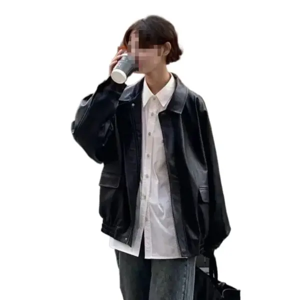 Women's Spring And Fall American Retro Loose Black Motorcycle Leather Jacket Women's Spring And Fall American Retro Loose Black Motorcycle Leather Jacket