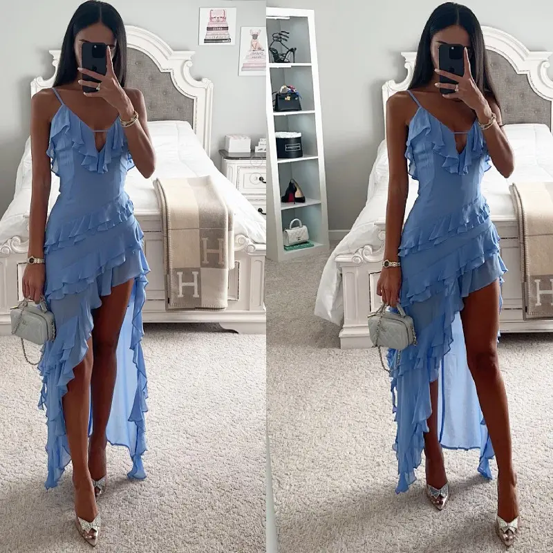 Sexy Sling Irregular Sky Blue Maxi Dress for Women Sexy Sling Irregular Sky Blue Maxi Dress for Women