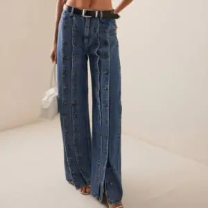 High Waist Blue Denim Button-Front Slit Straight Jeans