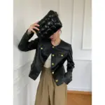 b7631e52-98ae-42d9-b1df-de62a8e5cd71.webp Sleek Black Faux Leather Cardigan Jacket, Round Neck Fit