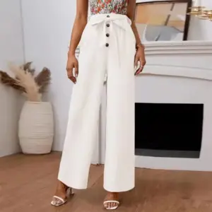 Women's Pants Solid Color Cotton Linen Elastic Waistband Loose Casual Wide Leg Women