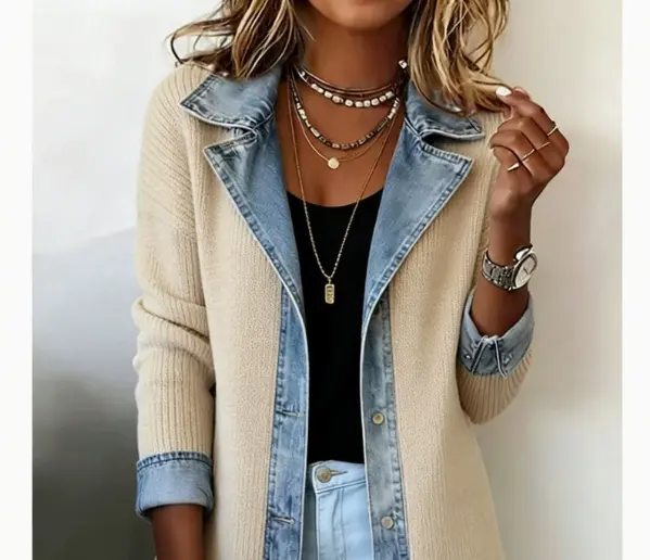 Structured Suit Collar Patchwork Denim Coat for Women