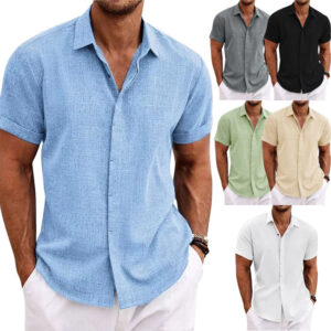 Breathable Men’s Linen-Look T-Shirt with Standing Collar