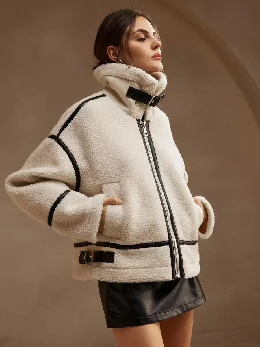 Women’s Thickened Lamb-Mohair Biker Jacket with Fur Collar Women’s Thickened Lamb-Mohair Biker Jacket with Fur Collar
