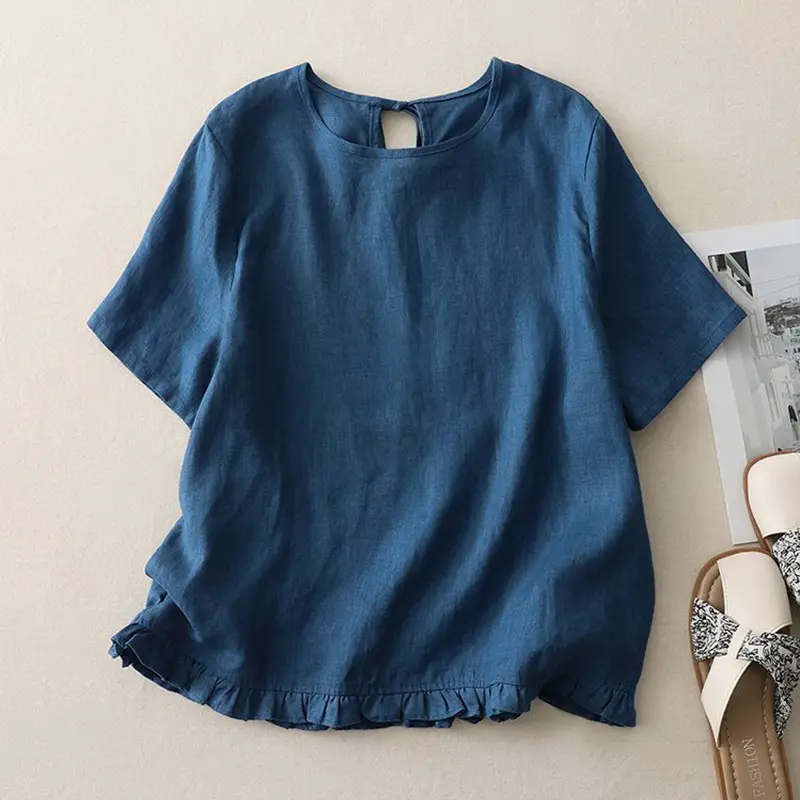 Retro Patchwork Cotton Short-Sleeve Shirt with Hollow-Back