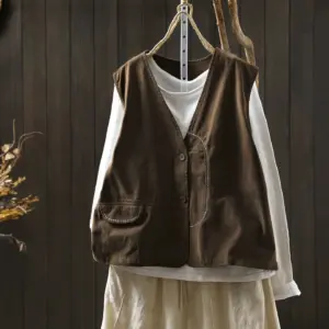 Breathable Cotton-Linen V-Neck Sleeveless Vest, Straight Fit