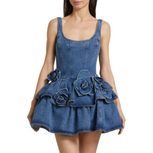 Double-Layer Slimming Blue Floral A-Line Slip Dress - High-Waist