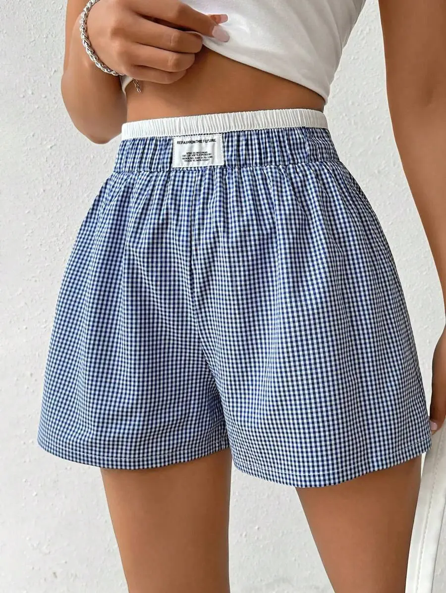 High-Waist Elastic Blue Buttoned Loose Shorts for Women