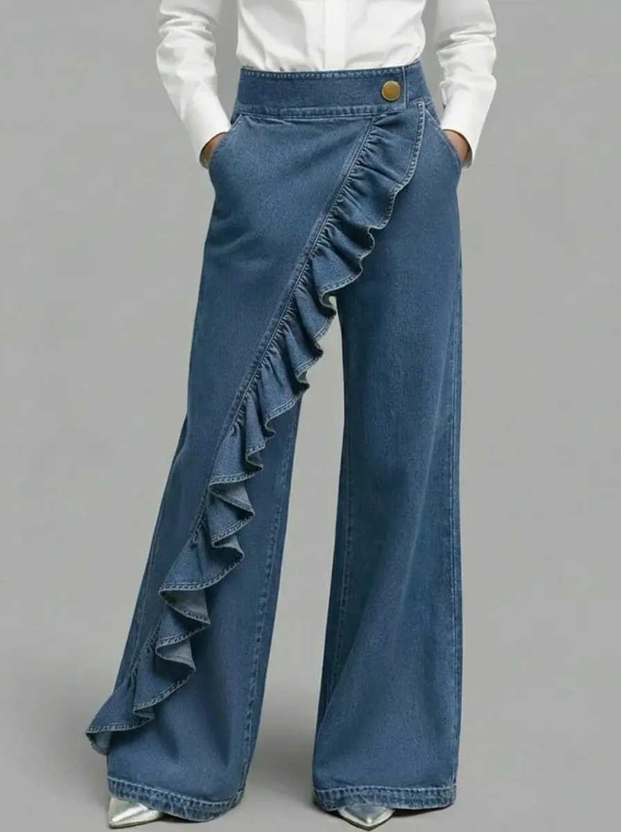 Vintage High-Waist A-Line Denim Trousers with Buttons