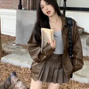 Retro Coffee Brown Short Leather Jacket with Black Contrast