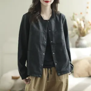 Lightweight PU Leather Jacket for Women, Black Autumn Coat 0.84 lb