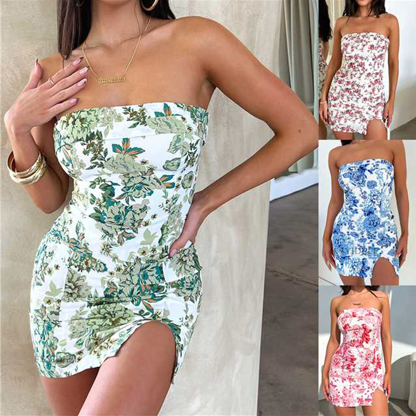 Flower Print Tube Top Dress for Women with Peter Pan Collar