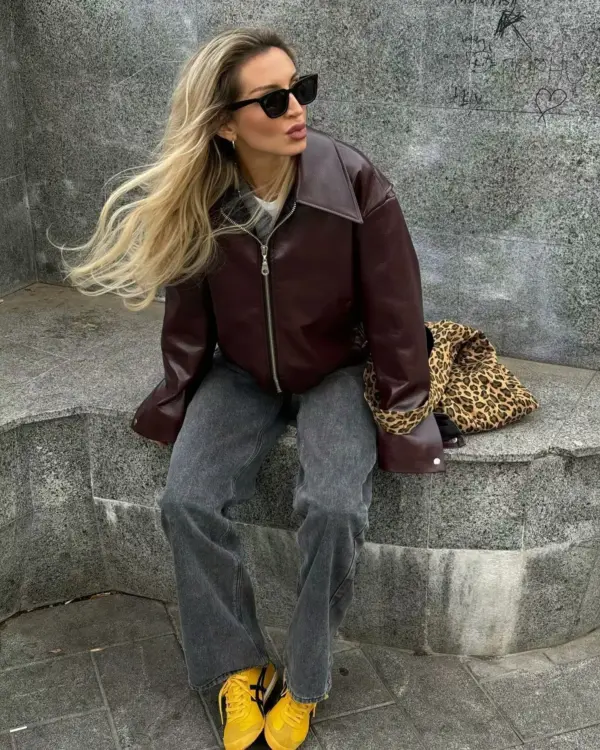 Solid Color Square Collar Leather Jacket Coat Solid Color Square Collar Leather Jacket Coat