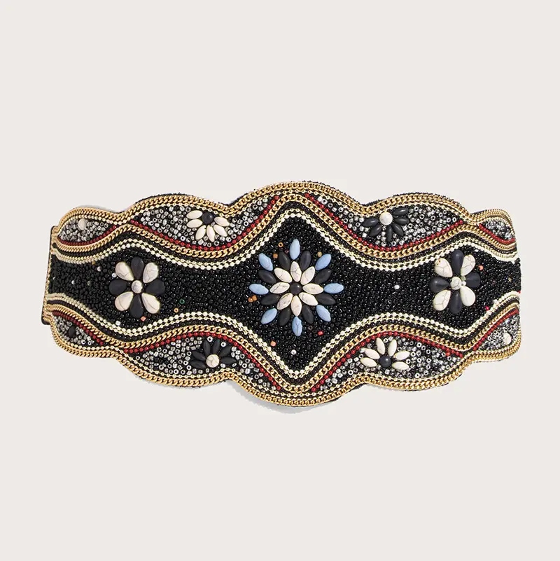 Ethnic Beaded Waist Seal with Hemp Rope, Wide 74 cm