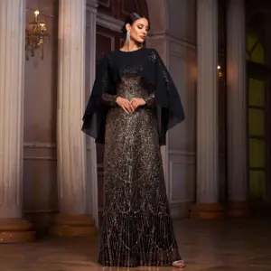 Statement Sequined A-Line Evening Dress with Long Sleeves
