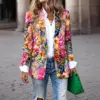 Colorful Floral Print Slim-fit Blazer Cropped Sleeve Straight-cut Womens Top