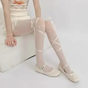 Off-white Balletcore Slouch Socks, Lace-up Ribbon Tie Socks, Coquette Sheer Lace Tights Cream Ribbed Slouchy Socks, Ballet Flat Matching Socks Girly Frill Trim Socks