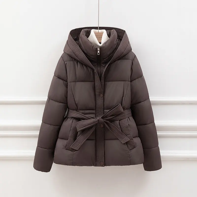 Women’s Slim-Fit Belted Puffer Coat with Hooded Drawstring Women’s Slim-Fit Belted Puffer Coat with Hooded Drawstring