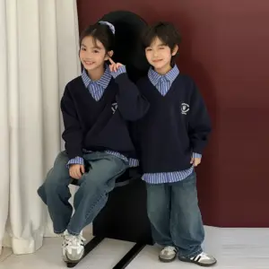 Heavyweight Patchwork Polo-Neck Sweater Kids Set for Fall/Winter