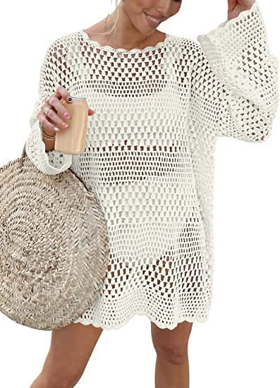 Loose Acrylic Pullover Beach Cover-Up with Bell Sleeves