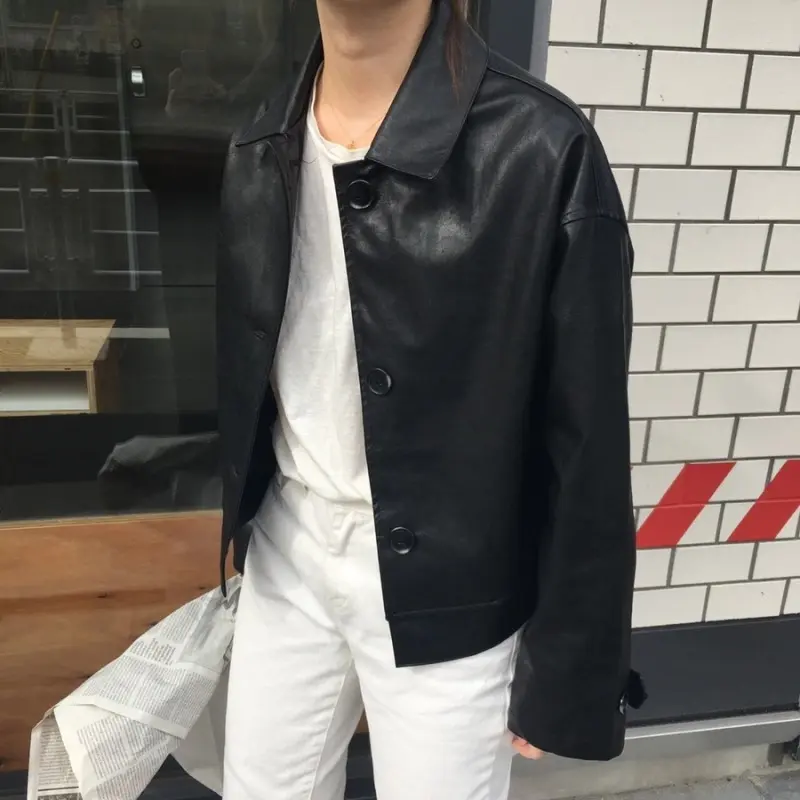 Matte Black Retro Leather Jacket with Loose Fit for Everyday