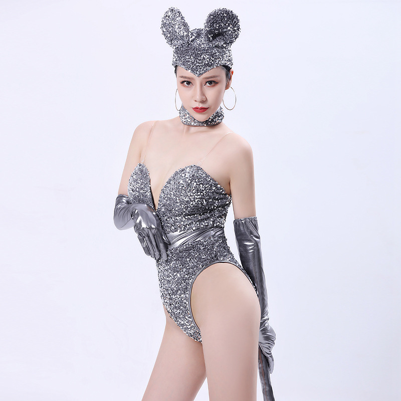 Light-Catching Grey Sequin Stage Costume Set for Women - One Size