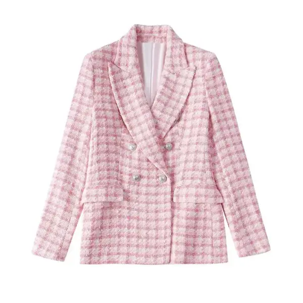 Structured Fit Pink Textured Check Double-Breasted Blazer