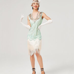 Retro V-Neck Sequin Tassel Double-Layer Cocktail Dress