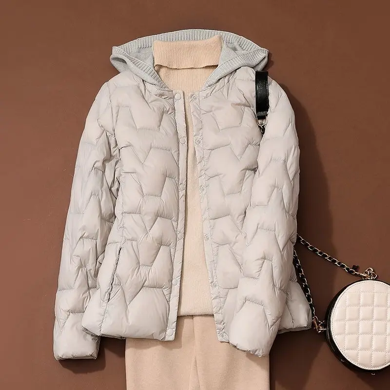 Warm White Duck Down Womens Cropped Beanie Jacket - Loose Fit V-Neck