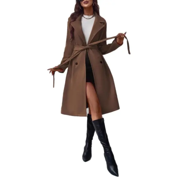 Belted Long Sleeve Double-Breasted Lapel Coat for Women Belted Long Sleeve Double-Breasted Lapel Coat for Women