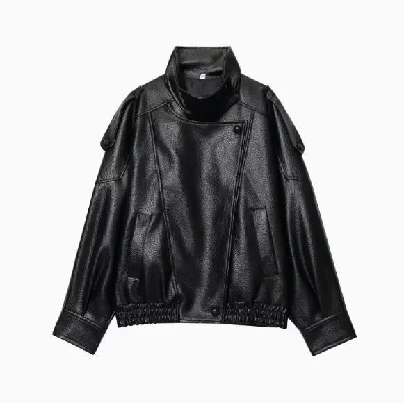 Women’s Faux Leather Jacket Stand-Up Collar Pockets