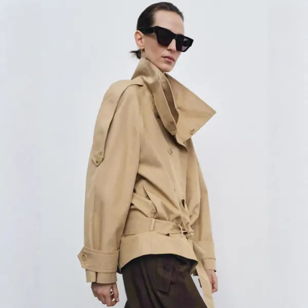 Tailored Short Khaki Double-Breasted Belted Trench Coat