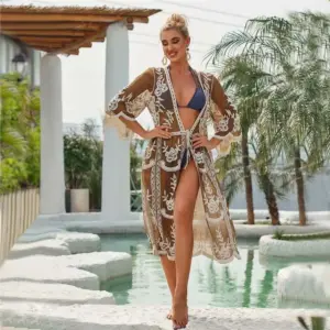 Embroidered Dress Swimsuit with Lace Cover-Up Cardigan