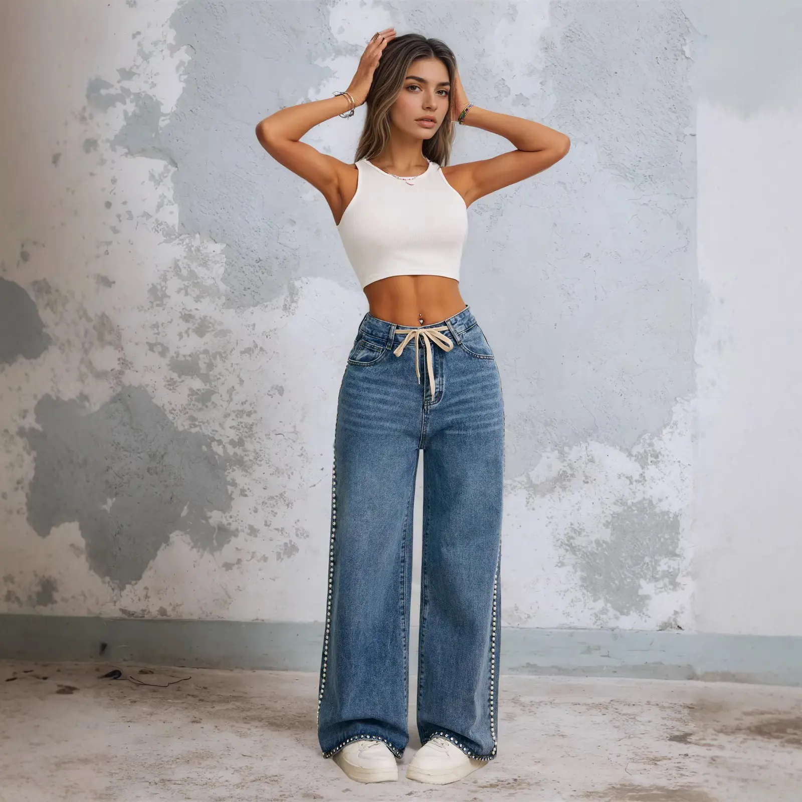 Adjustable Drawstring Waist Retro Blue High-Waist Jeans Adjustable Drawstring Waist Retro Blue High-Waist Jeans